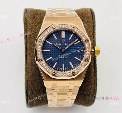 Copy Audemars Piguet Women Royal Oak Watch Rose Gold Blue Dial Diamomd set